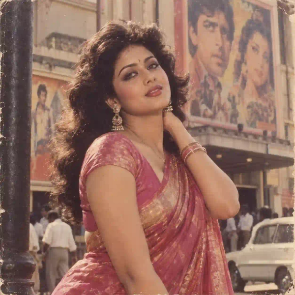 Woman in a pink silk saree posing outside a cinema with painted posters, 1980s Bollywood style