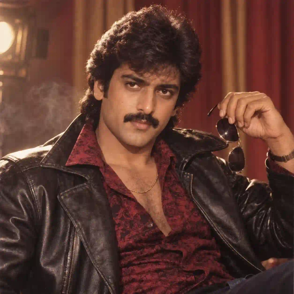 Man with a moustache in a leather jacket holding sunglasses, 1980s film star publicity still