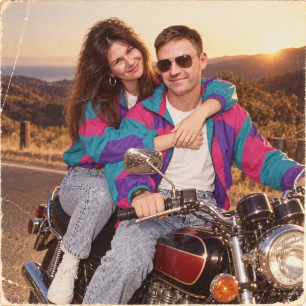 Couple in matching color-block windbreakers on a classic motorcycle at sunset, 1980s film photo
