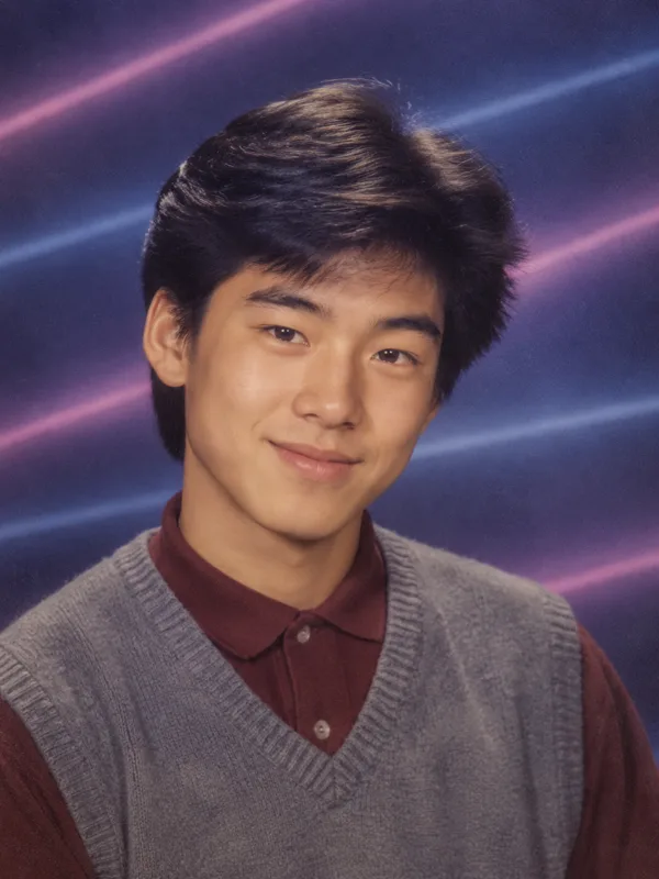 Teenage boy in a polo and sweater vest against a purple laser backdrop, 1980s yearbook photo